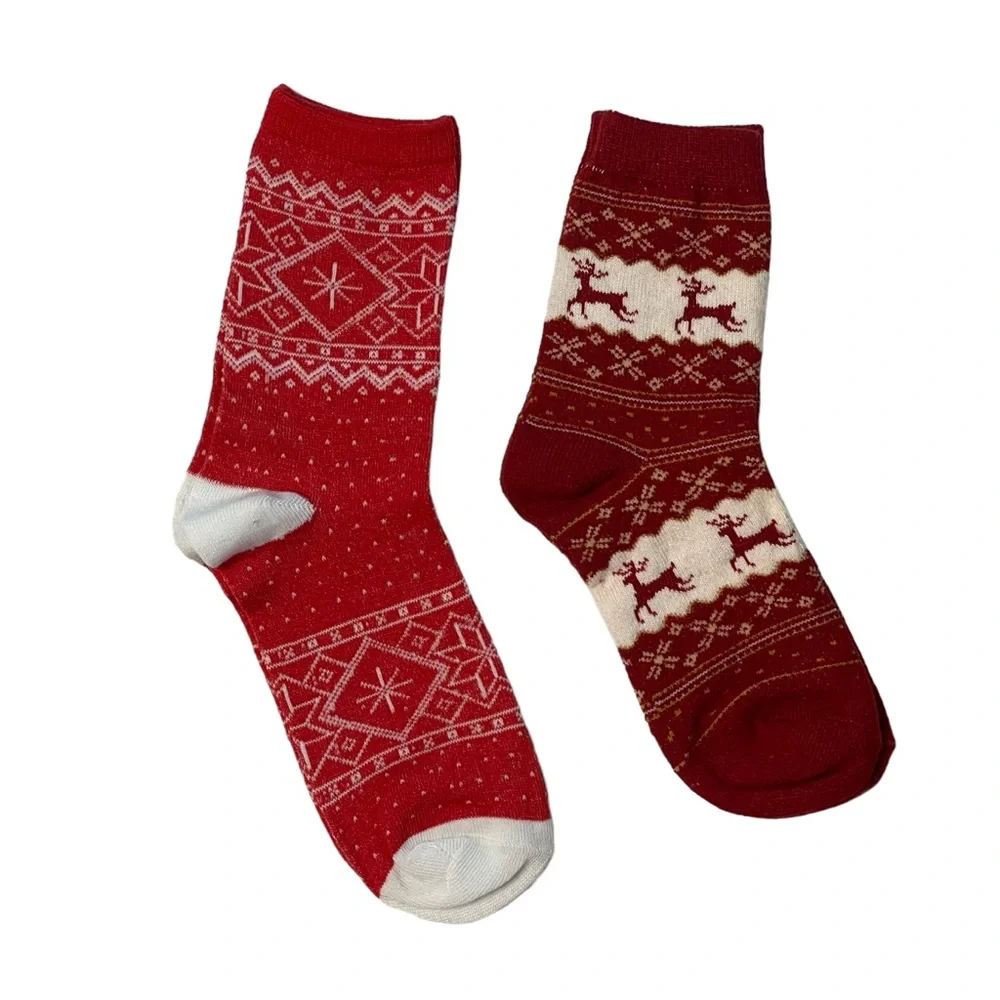Girls Crew Socks Reindeer Snowflakes Blue Red White Five Pair Bundle